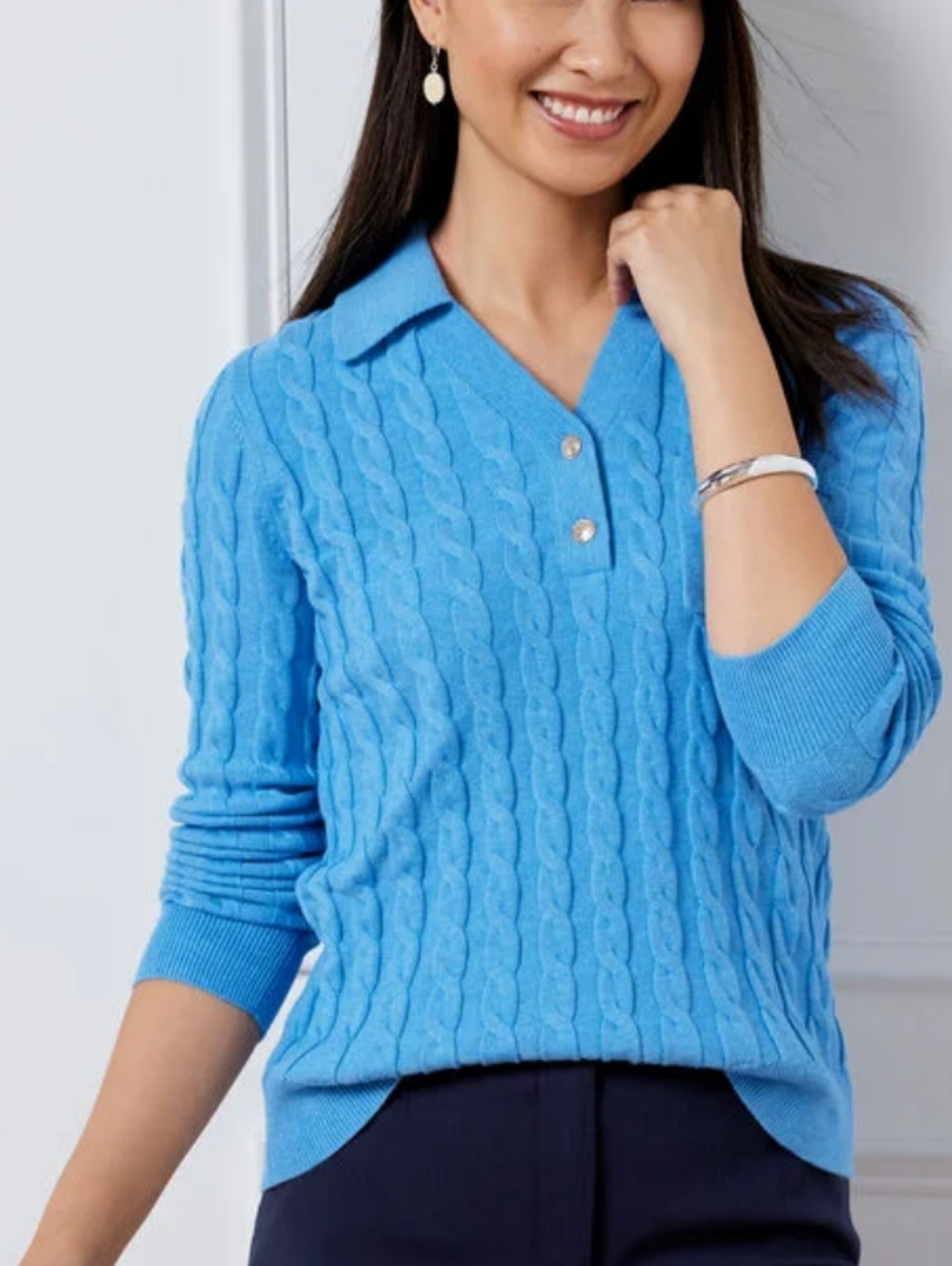 Talbots Cable Knit Johnny Collar Sweater cerulean‎ blue Medium Petites